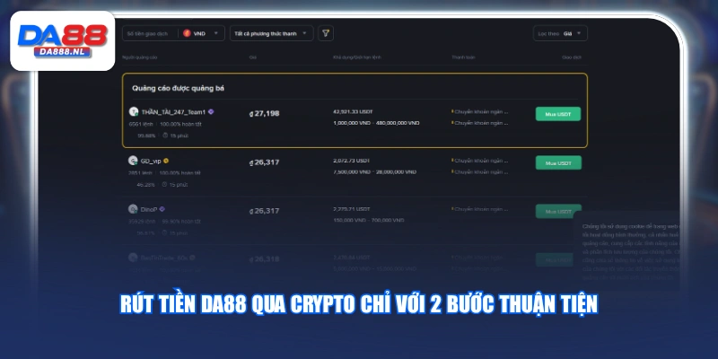 Rút tiền DA88 qua Crypto chỉ với 2 bước thuận tiện